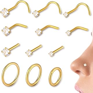 Hypoallergenic Stainless Steel Gold Hoop Nose Ring Set with CZ Gems for Men and Women, Variety of Shapes and Designs by Prasacco