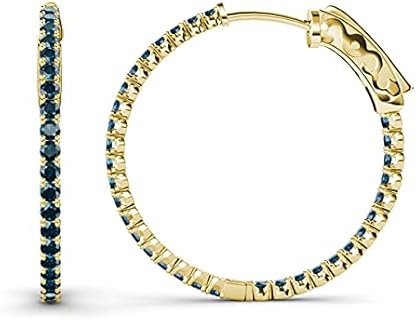 14K Yellow Gold Hidden-Snap-Posts Blue Diamond Hoop Earrings for Timeless Elegance, Unique Inside-Out Design