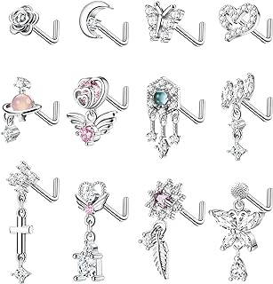 THUNARAZ 12Pc Cubic Zirconia Accented Dangling Nose Rings - Stainless Steel L-Shaped Studs with Floral & Butterfly Designs, 20G