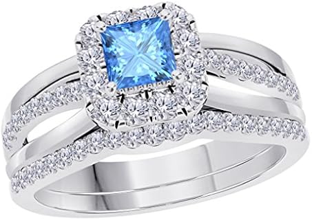2CT Princess Cut Cz Blue Topaz 925 Sterling Silver Wedding Bridal Set Split Shank Halo Engagement Ring Set Size 4-12