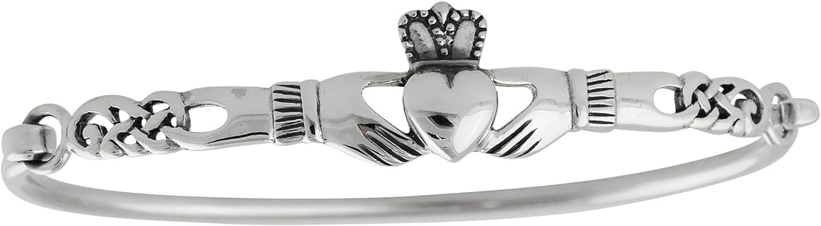 Elegant 925 Sterling Silver Box Chain Bangle Bracelet with Irish Claddagh Celtic Knot Design, No Clasp Type for Easy Wear