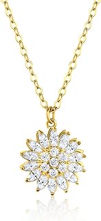 18K Gold Plated Box Chain Sunflower Pendant Necklace with Cubic Zirconia Stones for Women, Unique Spinning Design