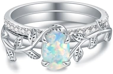 Genuine Opal Engagement Ring for Women,1ct Leaf Oval Opal Ring Set in 925 Sterling Silver with Cubic Zirconia Wedding Valentine's Day Dainty Promise Ring For Her