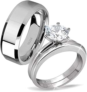 His Hers Stainless Steel Men's Band Women Cubic Zirconia Round Cut Wedding Engagement Ring Set