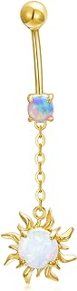 MRENITE 14K Yellow Gold, Hypoallergenic, Brilliant Opal Embellished Heart Shaped Dangle Belly Button Ring with Sun Design, Perfect Gift for Women, 16G Size