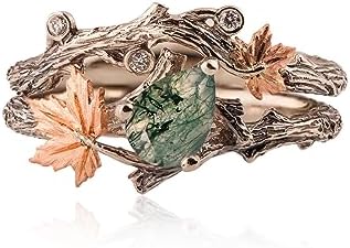 Natural Moss Agate Ring for Women 925 Sterling Silver Green Agate Ring Promise Ring with Vine Leaf Ring Engagement Wedding Jewelry Gift for Women Free Engraving Set