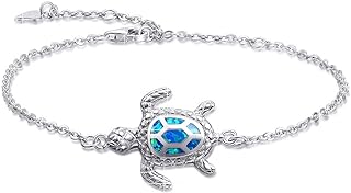 Lobster Claw Clasp, Blue Opal Turtle Anklet - Sterling Silver Mariner & Box Chain for Women and Teen Girls - Ocean-Themed Adjustable Beach Foot Chain Jewelry