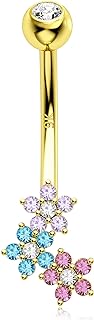 Melighting Clear Cubic Zirconia Gold Belly Button Ring, 9K Flower Design Solid Gold Navel Piercing Jewelry, 14G for Women and Girls