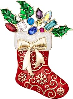 Gold Bow Christmas Stocking Red Enamel Pin Brooch with Pin Clasp, Rhinestone Embellished | Snowflake & Holly Design