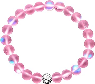Mystic Mermaid Glass Bracelet - Pink 8mm Moonstone Beads on Bead Chain - Rhinestone Embellished - Clasp-Free - 5 Inches Length