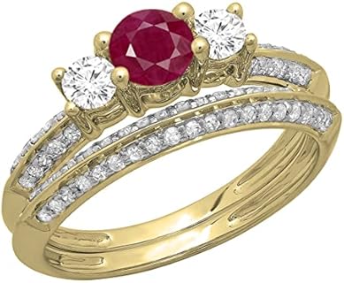 Dazzlingrock Collection Round Ruby & White Diamond 3 Stone Past Present Future Engagement Ring with Matching Band Set for Her in 14K Gold