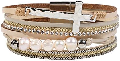 Vercret Women's Leather Wrap Bracelet with Cubic Zirconia Accents, Rope Chain, Magnetic Clasp - Elegant Layered Zinc Bangle Cuff