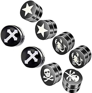 4-Pair Set of 10MM Stainless Steel Hypoallergenic Magnetic Earrings, Engraved with Cross, Scorpion, Skull, Pentagram Designs for Non-Pierced Ears