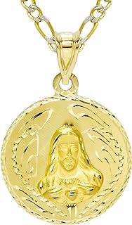 14K Yellow Gold Jesus and Gudalupe Double Sided Pendant Necklace - 2.5 mm White Pave Figaro Chain