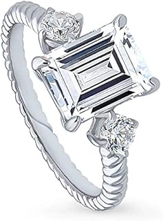 BERRICLE Sterling Silver 3-Stone Wedding Engagement Rings Emerald Cut Cubic Zirconia CZ Woven Ring for Women, Rhodium Plated Size 4-10