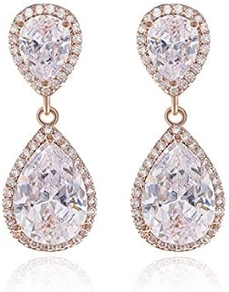 Rose Gold Teardrop Dangle Earrings with Cubic Zirconia Gems for Women - Elegant Wedding/Bridal Jewelry
