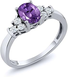 Gem Stone King 925 Sterling Silver Purple Amethyst and White Topaz Engagement Ring For Women (0.69 Cttw, Oval 6X4MM, Gemstone Birthstone, Available In Size 5, 6, 7, 8, 9)