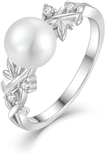 Vintage Pearl Engagement Ring with Cubic Zirconia for Women, Elegant Leaf Design, 925 Sterling Silver, Freshwater Cultured White Pearl, Size 5