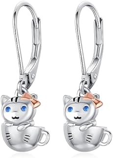 French-Clip Zircon Embellished Sterling Silver Cat Dangle Earrings for Girls and Women with Cute Kitten Design