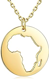 925-Sterling-Silver Gold Africa Map Necklace - 18K Gold Plated Chain Circle Dainty Hollow African Vintage Map Pendant Jewelry Gift for Women