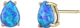 Peora 14K Yellow Gold Created Blue Fire Opal Earrings for Women, Hypoallergenic Solitaire Studs, 7x5mm Pear Shape, 1 Carat total, October Birthstone, Friction Back