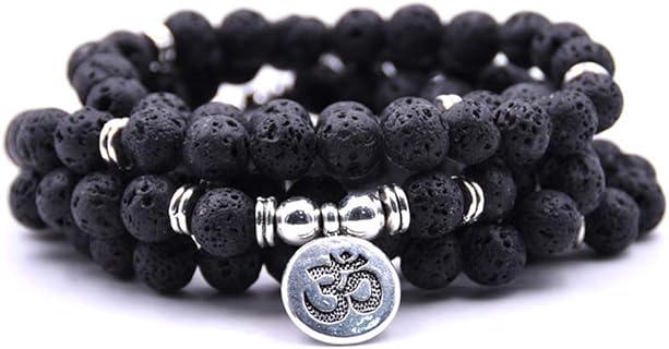 Lotus, OM, Buddha, Tree of Life, Evil Eye, Moon Charm 108 Mala Beads Lava Stone Meditation Bracelet Necklace