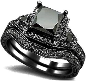 Black Onyx Princess Cut Anniversary Wedding Bridal Ring Set