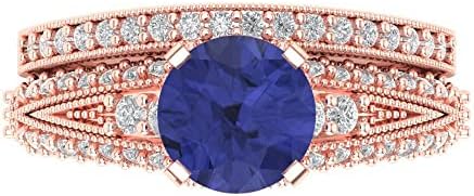 Clara Pucci 2.10ct Round cut Custom Engraving Faux Tanzanite Engagement Everlasting Ring Band Wedding Bridal Set 14k Rose Gold Size 10