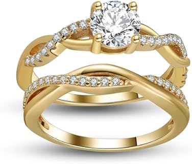 Queena CZ Wedding Ring Set for Women 14k or Rose Gold Plated Sterling Silver Engagement Ring and Band Set Fake Engagement Rings for Women, Travel Wedding Ring Set, Cubic Zirconia Promise Rings for Her