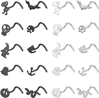 ZS 20G Black Nose Rings Nostril Studs for Women, 20Pcs Surgical Steel Nose Studs Ring L-Shaped, Halloween Bat Skull Corkscrew Nose Piercing Jewelry