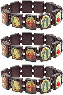 Unisex Wooden Panel Stretchable Bracelet with Assorted Images of Saints, Jesus, Rosary | Adjustable Bracelet | Ideal Catholic Jewelry Gift (Reddish Brown)