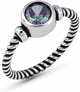 Sterling Silver Simulated Mystic Topaz & Cubic Zirconia Ring: Round Brilliant Cut, Rainbow Fire Color, Luxury Gift for Her