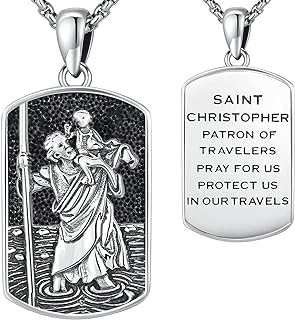 Lobster Clasp St Christopher Sterling Silver Pendant Necklace with C-Link Chain, Religious Traveler's Protection Amulet for Men and Women, Silver Gem Detailing, Oval Shape