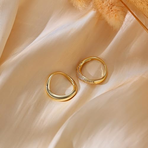 Gold Rings for Women, 14K Gold Plated Wave Rings Stackable Trendy 2PCS Band Ring for Women Cubic Zirconia Ring Set Fashion Jewelry Gift for Women Teen Girls Size 5-10