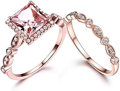 2 14k Rose Gold 6.5mm Princess Cut Pink Morganite Halo Antique Rings Set,Vintage Marquise Matching Band