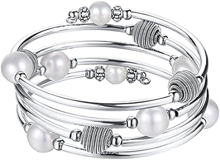 PEARL&CLUB Beaded Chakra Bangle Turquoise Bracelet - Fashion Jewelry Wrap Bracelet with Thick Silver Metal and Mala Beads, Birthday Gifts For Women