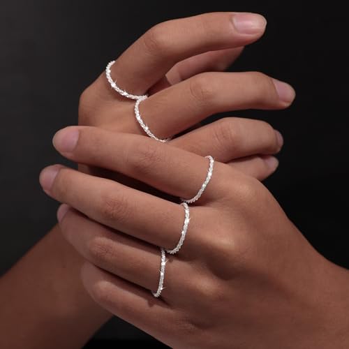 Stackable 925 Sterling Silver Rings for Women, Dainty Stacking 5PCS Silver Link Ring Set for Women Cute Fashion Sparkling Shiny Knuckle Rings Pack Jewelry Gift for Women Teen Girls Size 5-10