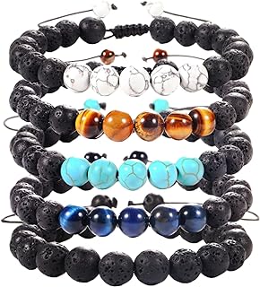 5PCS 8MM Lava Rock Stone Bead Bracelets For Men, Adjustable Tiger Eye Bracelet，volcanized rock Bracelet Mens Jewelry Gifts for Dad Boyfriend Husband Brother