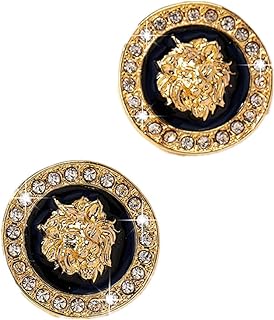 Basketball Wives Style Rhinestone Lion Head Stud Earrings with Round Crystal Design and Black Enamel Costume Cocktail Party Night Out Jewelry