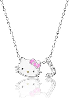 Spring Ring Clasp Hello Kitty Beaded Necklace with Cubic Zirconia for Women - Cable Chain Design in Silver-Plated Brass