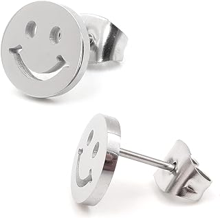 Cheerfully Playful Smiley Face Stainless Steel Stud Earrings with Secure Post Snap Down Back for Men and Women