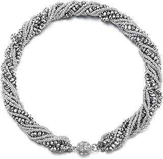 Sophisticated Silver Choker Collar Necklace with Braided Chain and Magnetic Clasp for Fashion Connoisseurs - COOLSTEELANDBEYOND's Intricate Beaded Design