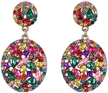 Sparkling Multi-Colored Crystal Dangle Earrings with Push Back Closure for Women, Round Rhinestone Paved Design