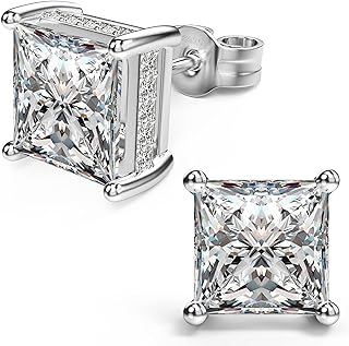 18K White Gold Plated Sterling Silver Princess Cut Cubic Zirconia Stud Earrings Square Simulated Diamond CZ Stud Earrings for Women Men Hypoallergenic