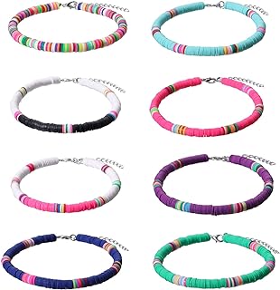 7-8 Piece Bohemian Stackable Bead Anklets in Colorful Resin - Handmade Multilayered Heishi Surfer Design with Alloy Chain – Versatile Summer Beach Jewelry