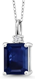 Gem Stone King 925 Silver Blue Sapphire and White Lab Grown Diamond Pendant Necklace For Women (3.49 Cttw, Gemstone September Birthstone, Emerald Cut 10X8MM with 18 Inch Silver Chain)