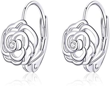 Fashion Rose Flower Sterling Silver CZ Filigree Small Hoop Earrings for Women Girls Minimalist Sleeper Cartilage Tiny Leverback Studs Huggie Hinged Hoops Birthday Gifts Cute Jewelry