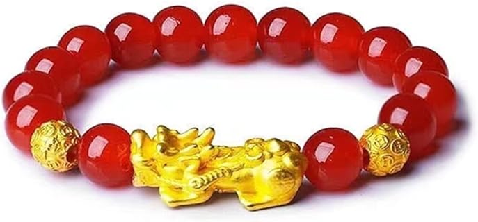 Feng Shui red Carnelian beaded bracelets, Pi Xiu Good Luck Bracelet for women men, 10mm Bead Elastic Bracelet (red Carnelian+Pixiu)