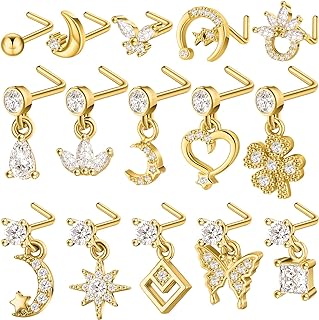 Durable Stainless Steel L-shaped Nose Studs - Set of 15 Unique Floral and Celestial Designs, Ideal for Women with Diverse Fashion Choices