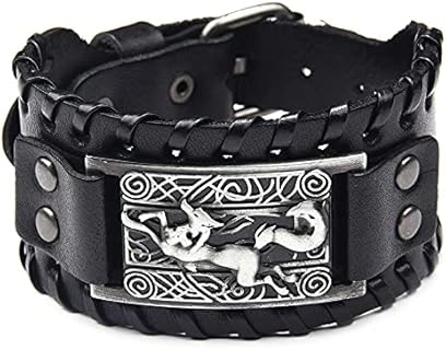 Black Leather Bracelet Antique Silver Viking Fox Celtic Knot Irish Cuff Wide Leather Bracelets Punk Style Wristband Bangle Bracelets